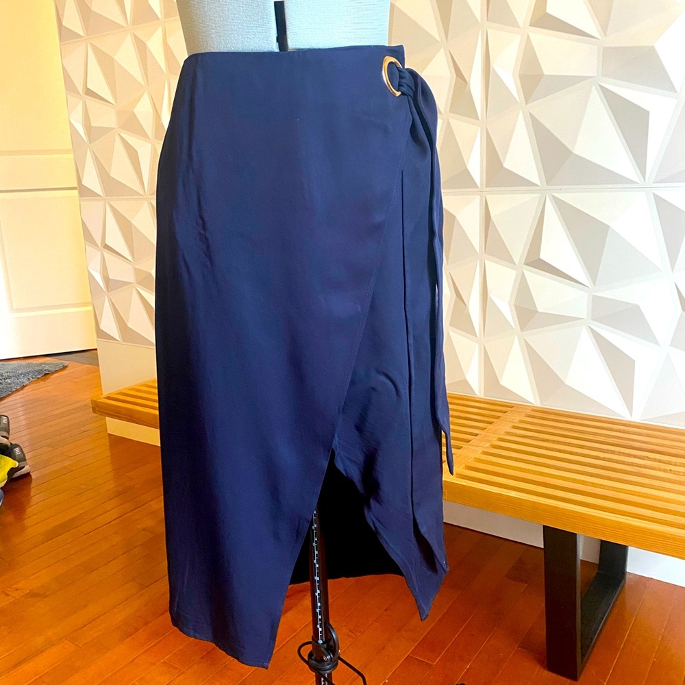Navy midi faux wrap skirt